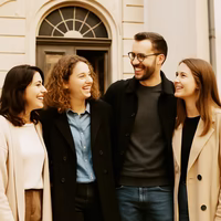 Menschen im Karol Vienna © Chat GPT Vier Menschen lächeln sich an