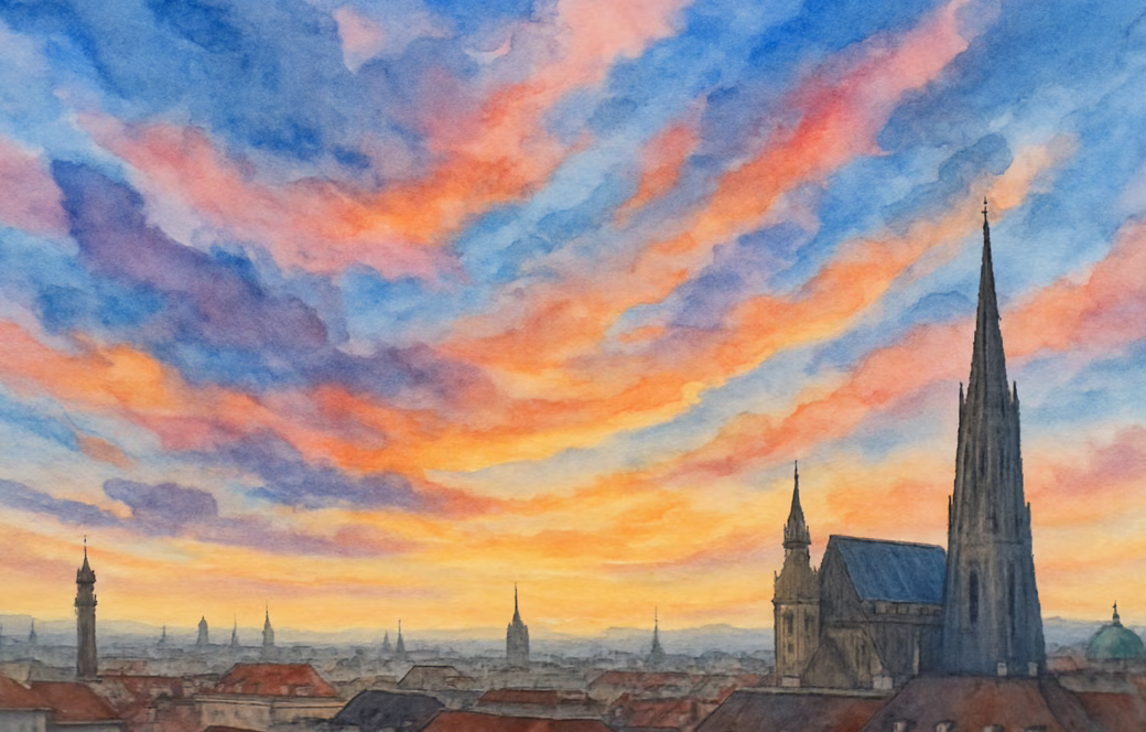 Aquarelle Zeichnung Sonnenuntergang über Wien mit Aussicht auf den Stephansdom